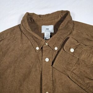 H&M Mens XL Brown Corduroy Button Down Shirt Regular Fit Long Sleeve Cotton